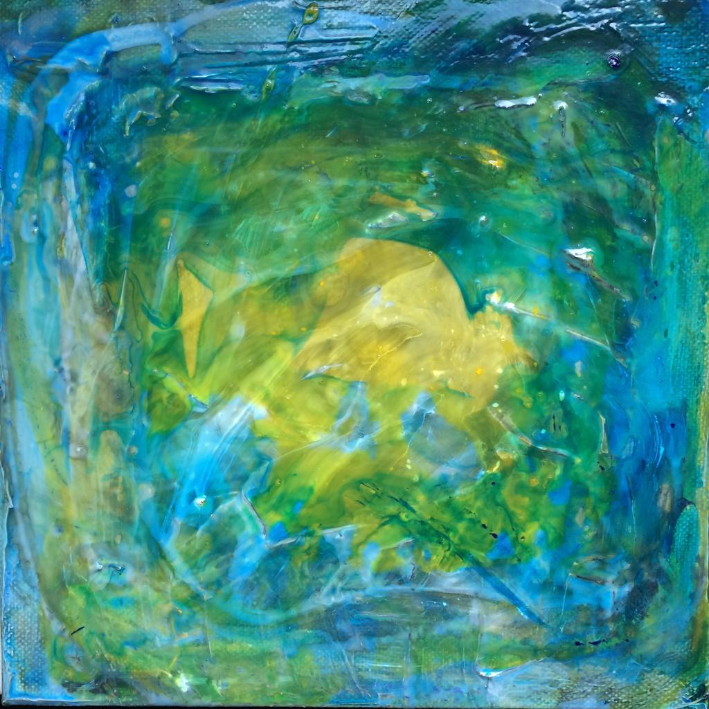Abstract acrylic paintings photograph. 8x8 inches on stretched canvas. Many layers of transparent acrylic media. 