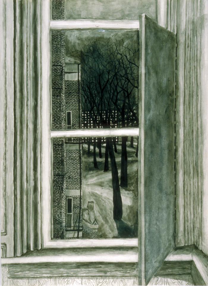 Drawings, etchings, collage photograph. View from the window of my dorm at Harvard. 