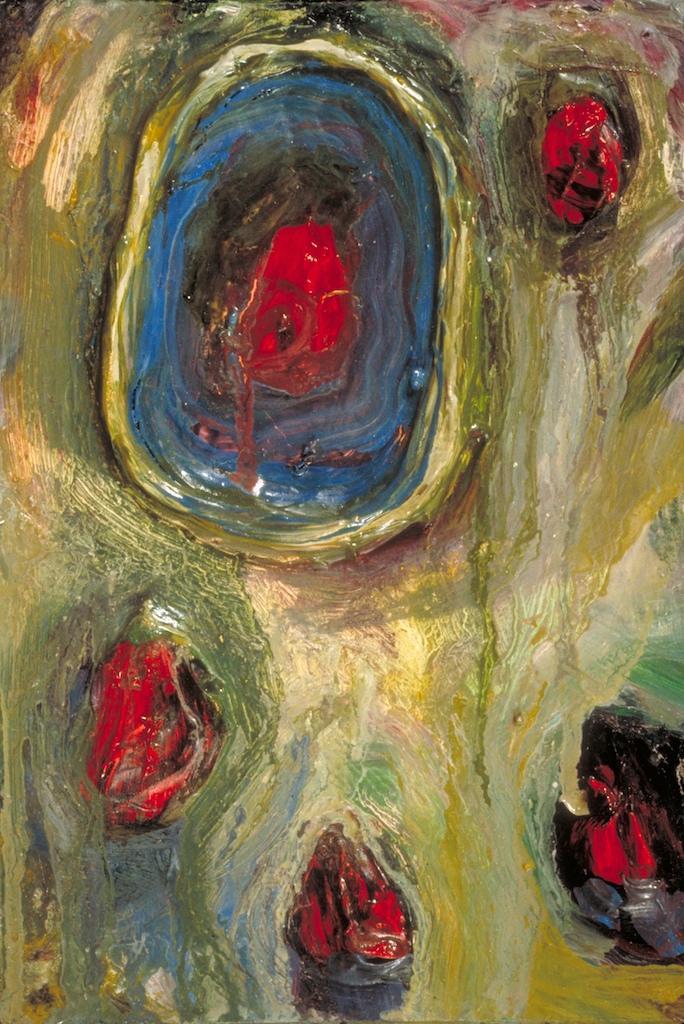 Abstract oil paintings photograph. The red circles and green outlines are very textural. 5x8 inches oil on canvas board. 