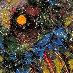Yellow circle with blue, green and red abstract oil painting