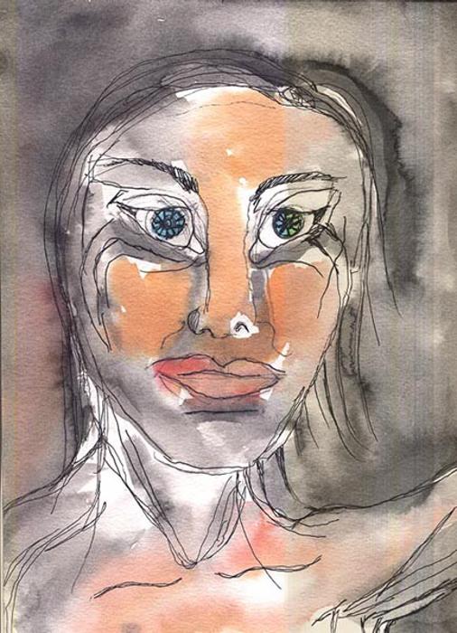 Watercolors and ink photograph. Not sure why I drew the eyes that way, but I otherwise like this watercolor.