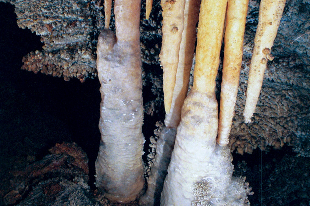 Palmers Cave, California photograph. Columns are formed when the stalactites grow into the stalagmites.
