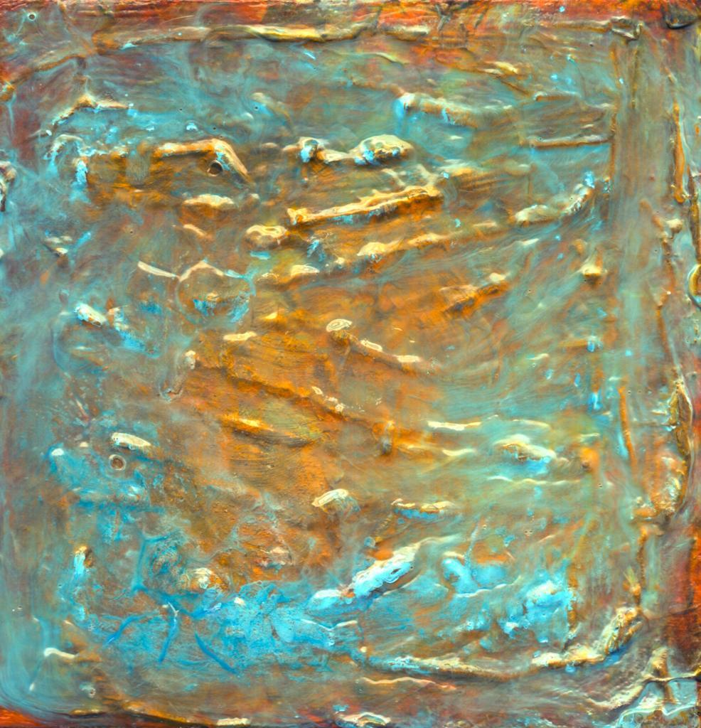 Abstract acrylic paintings photograph. 8x8 inches on stretched canvas. Many layers of transparent acrylic media. 