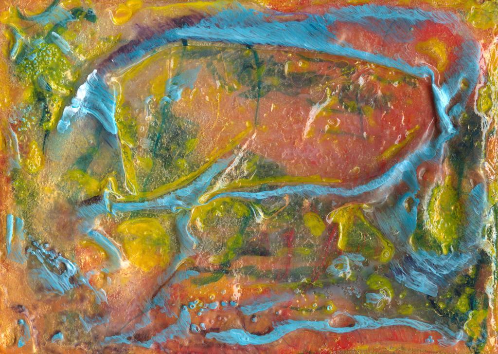 Abstract acrylic paintings photograph. 8x5 inches on stretched canvas with a lot of media to make a stiff, textured surface.