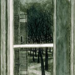 Black and white drawing of Harvard Yard