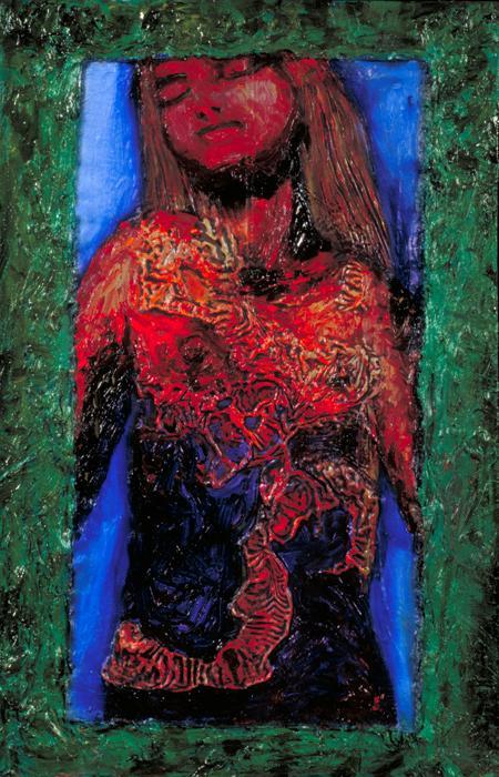 Figures and Portraits photograph. Red with green border. 12x18 inches oil on wood