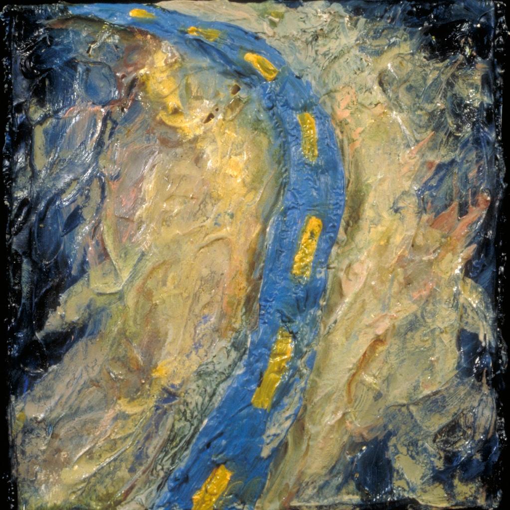 Abstract Oil Paintings photograph. I painted a thick blue road in the middle of a small square, 5x5 inches.