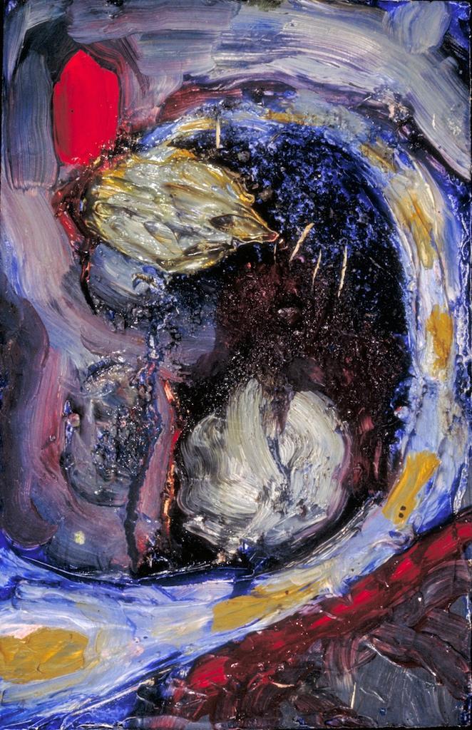 Abstract oil paintings photograph. 5x8 inches oil on canvasboard. There's a red house in the upper left and a road curving away from it.