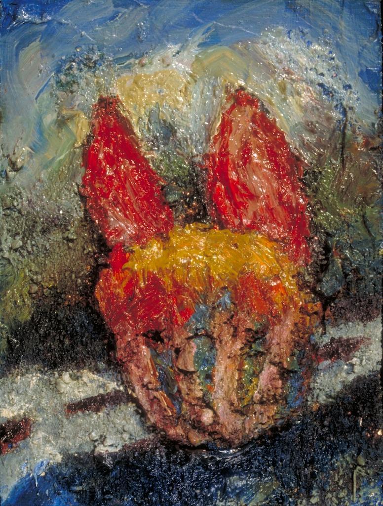 Abstract oil paintings photograph. 5x8 inches on canvasboard. I think of this as a cupcake with two houses on it, and a road in the background. 