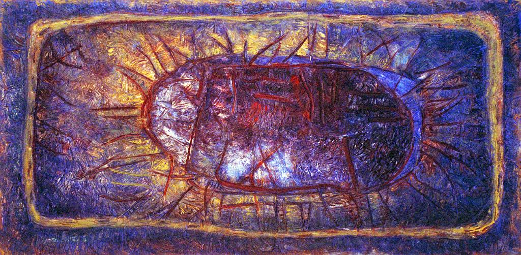 Abstract oil paintings photograph. A very thick, textured painting, oil on streched canvas. Maybe 12x36 inches. Looks like a blue-red paramecium on a blue background surrounded by a yellow road. The hairs are made by scratches in the paint.