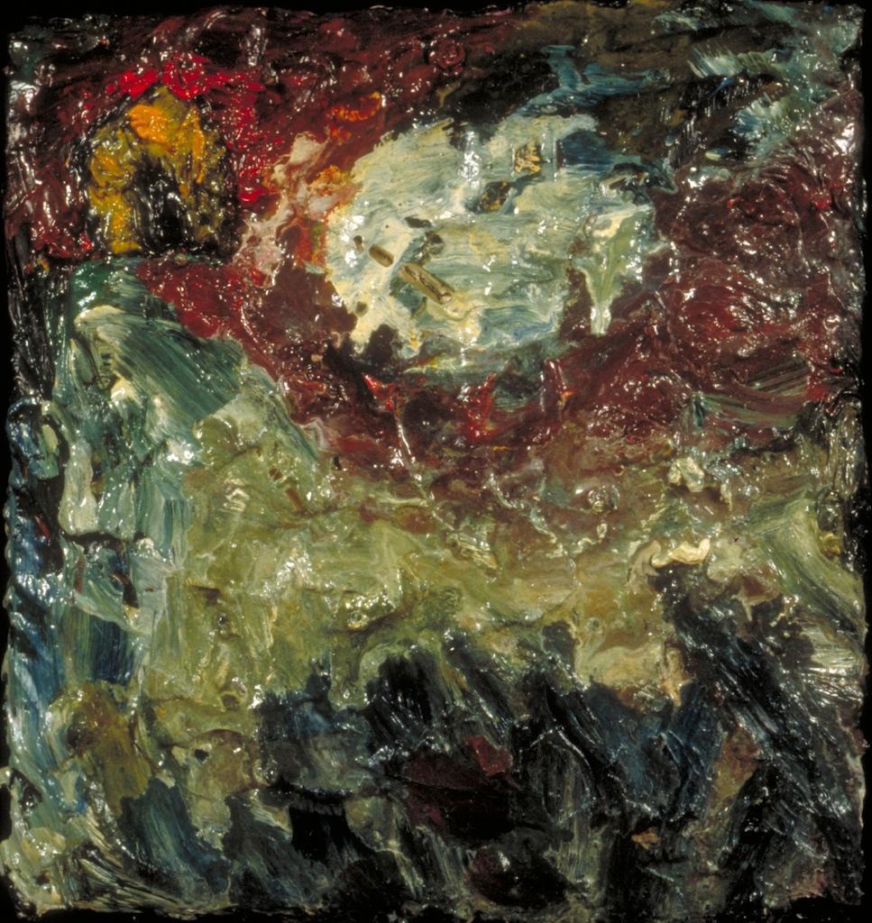 Abstract oil paintings photograph. 5x5 inches oil on wood. There's a little yellow house in the upper left.