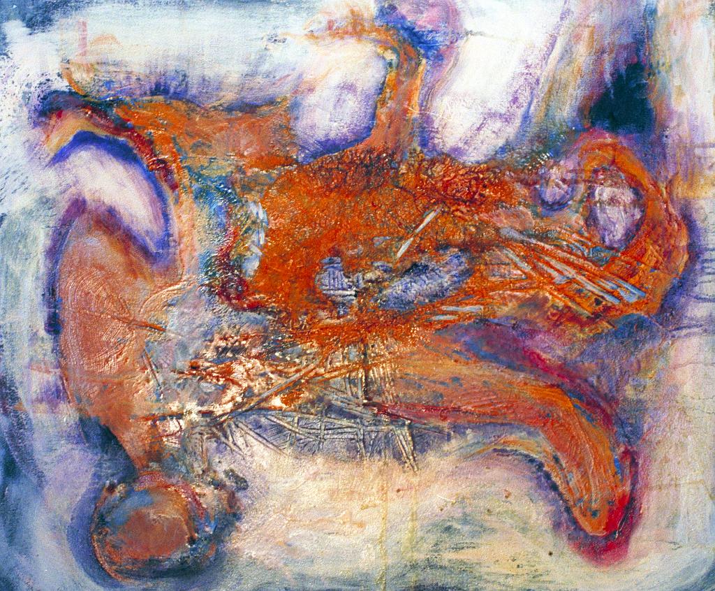 Abstract oil paintings photograph. A very thick mottled oil paintng on stretched canvas, maybe 12x24 inches.