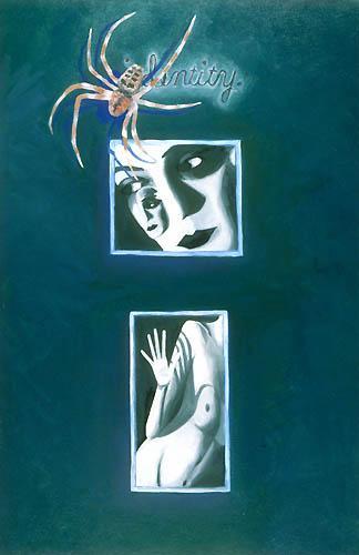 Surreal oil paintings photograph. I based this on distorted black and white photographs that I took of myself. I also based the spider on a photograph.