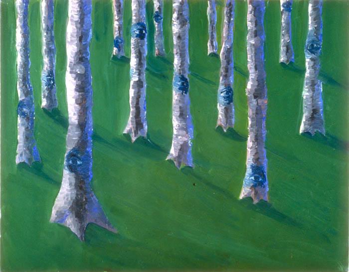 Surreal oil paintings photograph. I was really into 'trees with eyes' in this phase of my life. 24x12 inches, oil on canvas