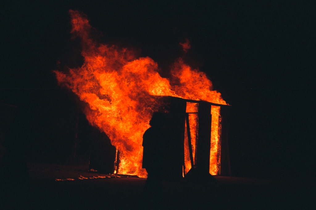 Burning Man 1996 photograph. The same building, burning harder now.