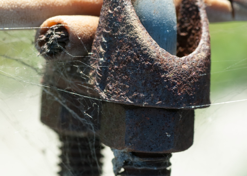 Rusty and abandoned photograph. Rusty piece of metal with cobwebs.