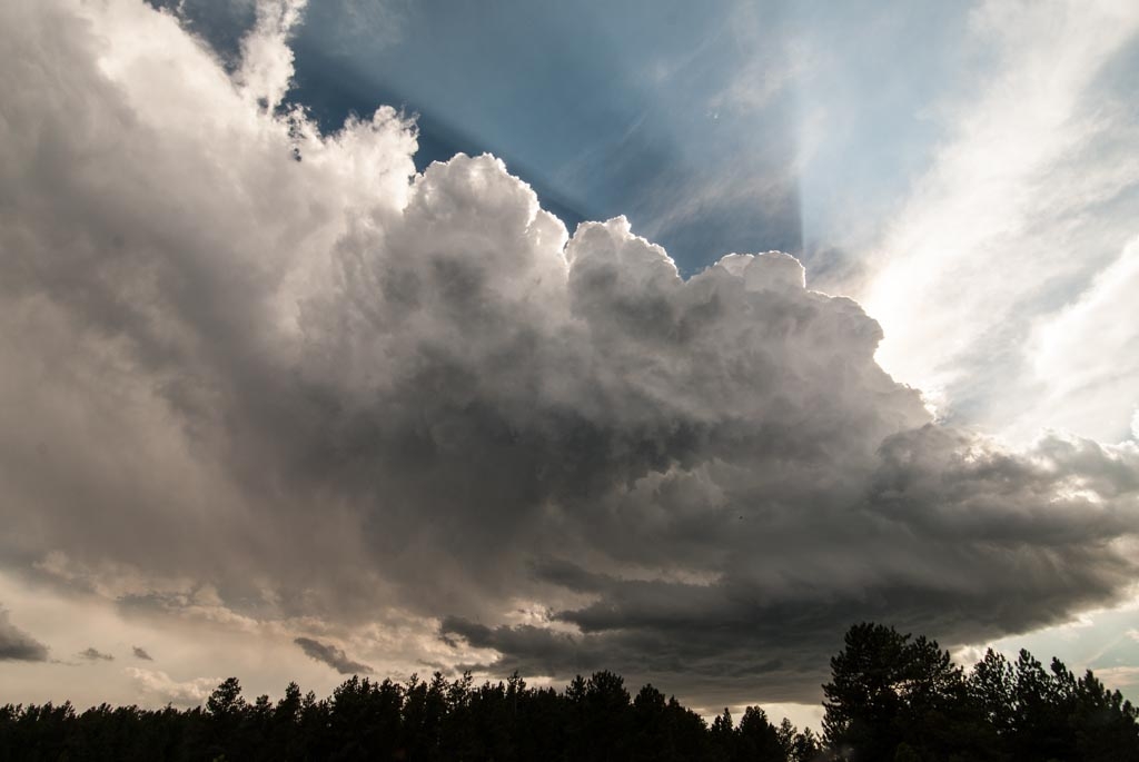 Road trip across America photograph. Puffy, poofy, giant clouds over a ridge of trees.

