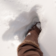 My boot in the snow on my deck