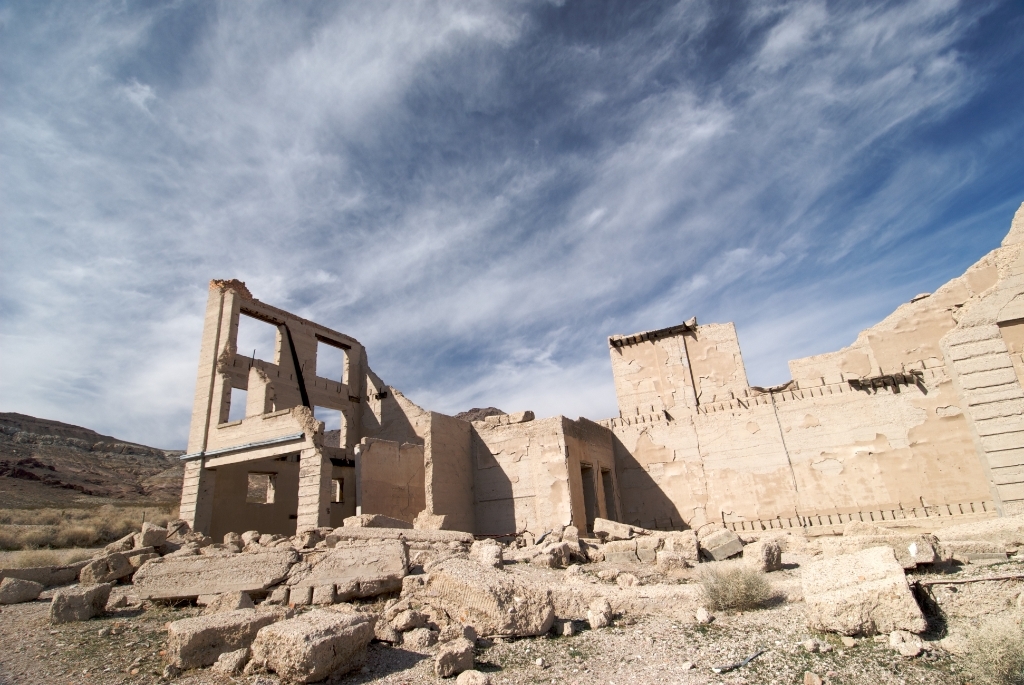 Death Valley, California photograph. A crumbling two-story building in Rhyolite, Nevada.