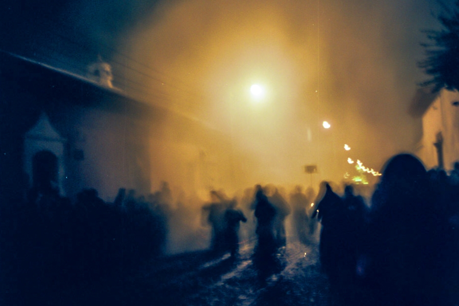 Guatemala photograph. A religious festival involving robes, statues, floats. I am not sure what this was, but it had something to do with the dead. Everyone wore black robes at night. There was tons of incense in the air.