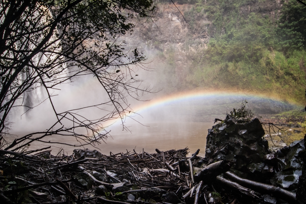 Kauai, Hawaii photograph. This is the bottom of Wailua waterfall. It was huge and rushing and loud. There were at least four signs that said KEEP OUT and DANGER and suchlike. One sign said PEOPLE HAVE DIED HERE. A local guy told us there was a trail and that we'd be a-okay, so naturally we hopped the fence. The hike was not too long, but it was very muddy and involved ropes attached to trees. At the bottom we discovered a beautiful rainbow, with a second shadow rainbow, and the entire population of Kauai's mosquitos. The weather was pretty good on the way down. The last 20 feet on the way up it started raining cats and dogs. Yay!