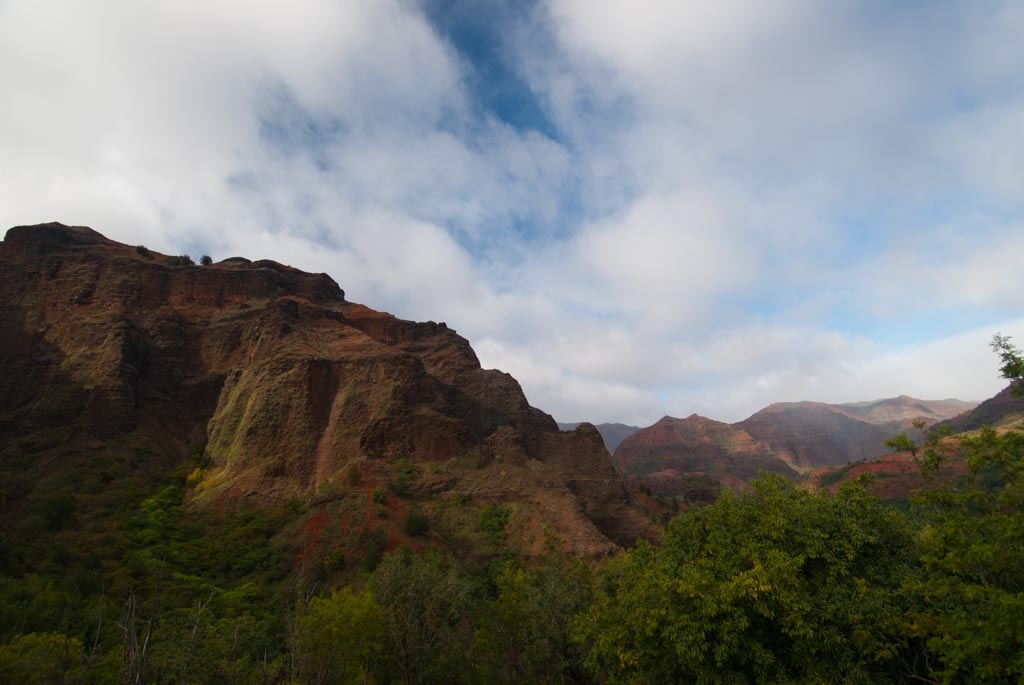Kauai, Hawaii photograph. I waited here for Peter to finish hiking back up from the bottom. The view was beautiful, but my knees were killing me. The hike is fairly mellow until the halfway point, where it becomes extremely steep, lush and muddy. I decided my knees had had enough for the day so I sat here and took lots of photos. Apparently the river at the bottom was very loud and rushing.